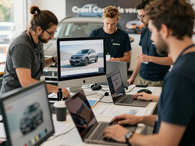 Команда менеджеров автосалона VW Аванта обсуждает детали продажи новых кроссоверов Volkswagen