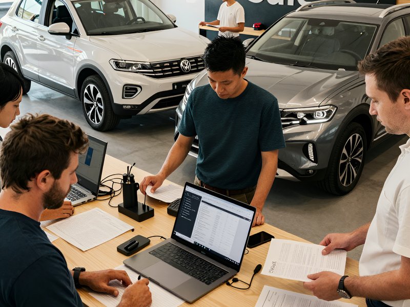 Команда менеджеров автосалона VW Аванта обсуждает детали продажи новых кроссоверов Volkswagen