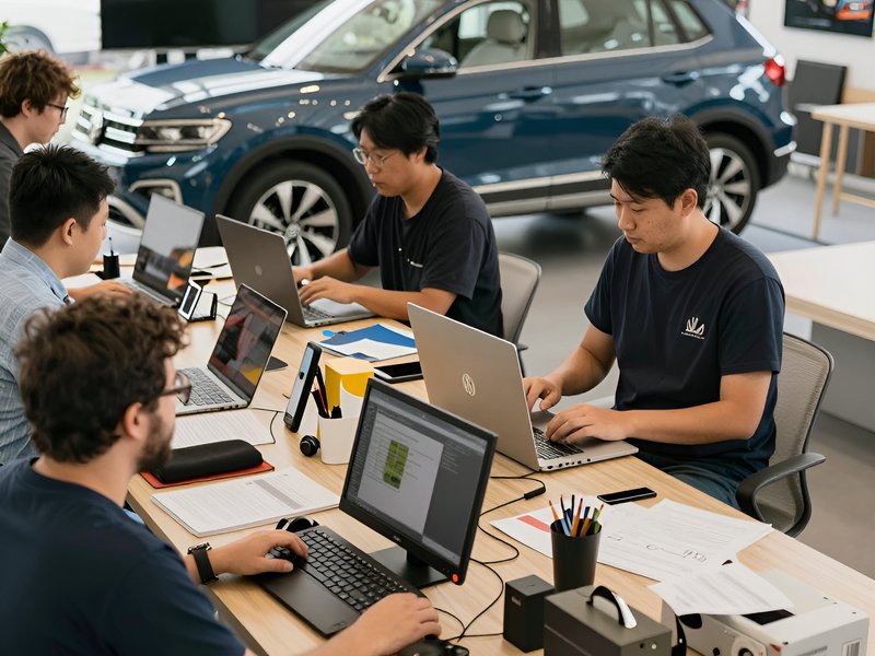Команда менеджеров VW Аванта обсуждает детали продажи новых кроссоверов в современном офисе