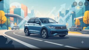 Современная иллюстрация кроссовера Volkswagen Tiguan в минималистичном стиле для статьи о трендах рынка.