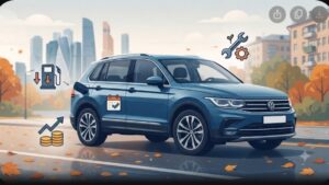 Современная иллюстрация кроссовера Volkswagen Tiguan на фоне городского пейзажа Москвы для статьи о стоимости владения