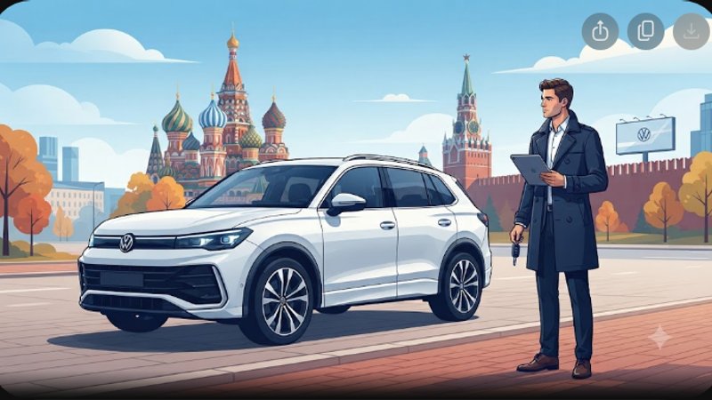 Современная иллюстрация белого кроссовера Volkswagen Tiguan на фоне городского пейзажа Москвы для блога